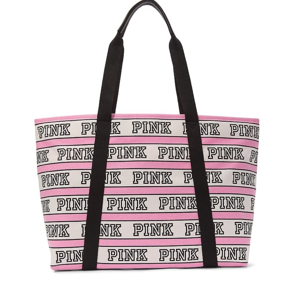 Victoria's Secret PINK Large Canvas Tote With All Over Logo Pink White Black